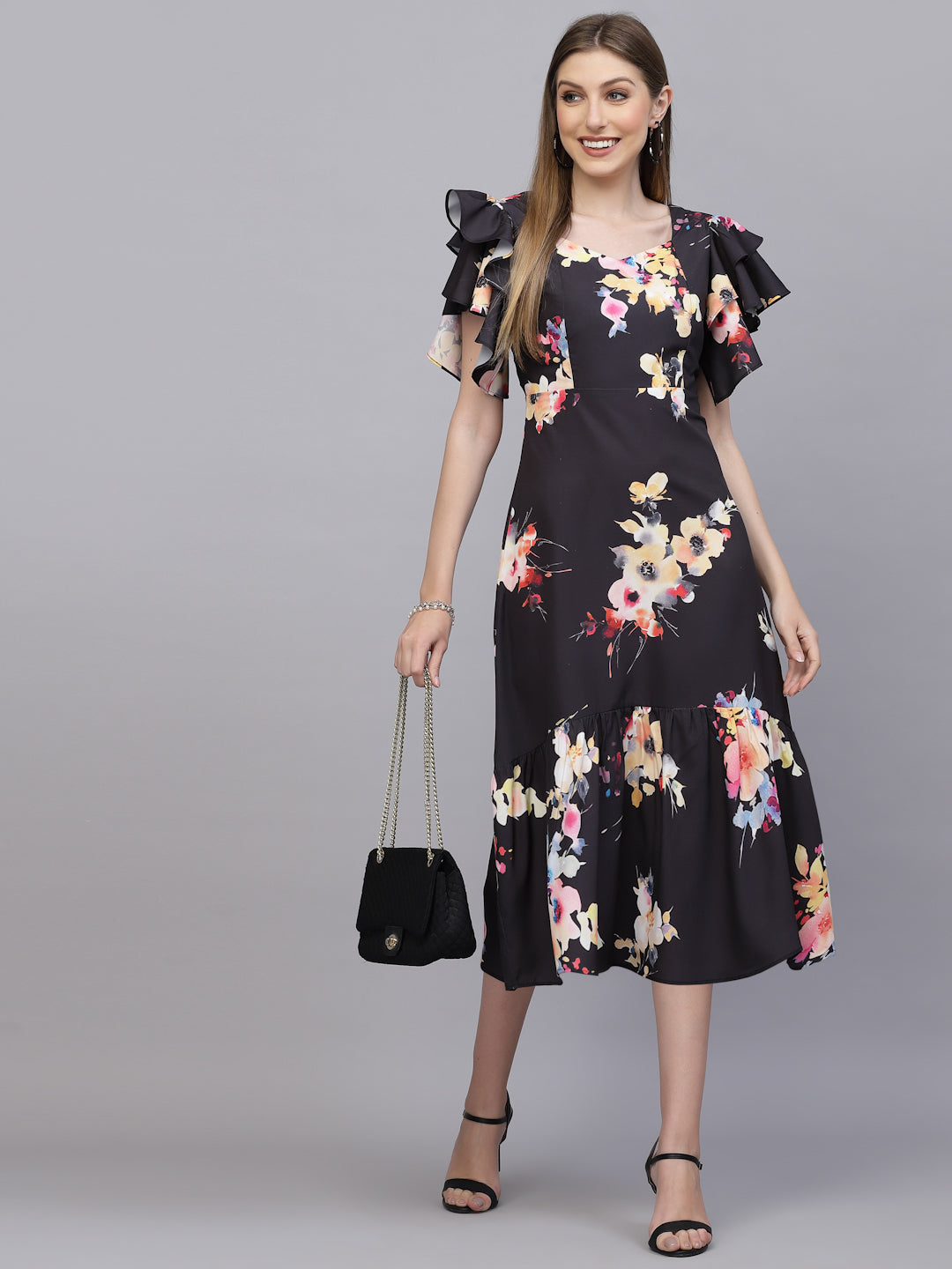 AAYU Women A-Line Ruffle Sleeves black Dress