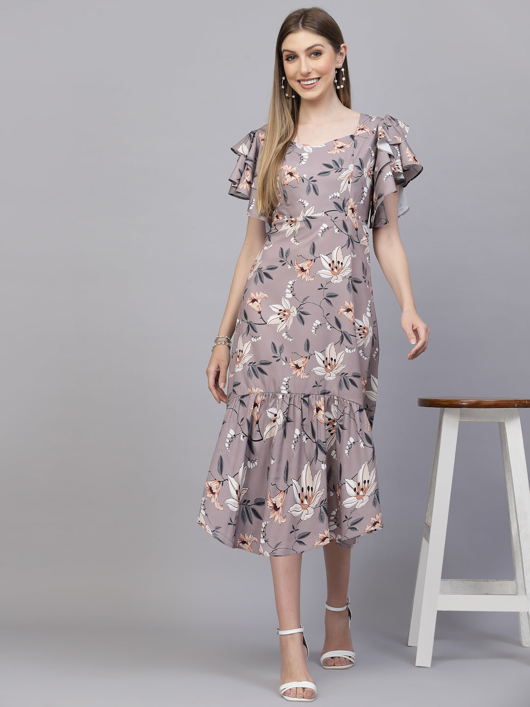 AAYU Women A-Line Ruffle Sleeves Brown Dress