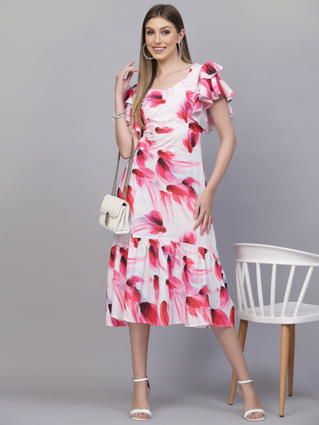 AAYU Women A-Line Ruffle Sleeves Pink Dress