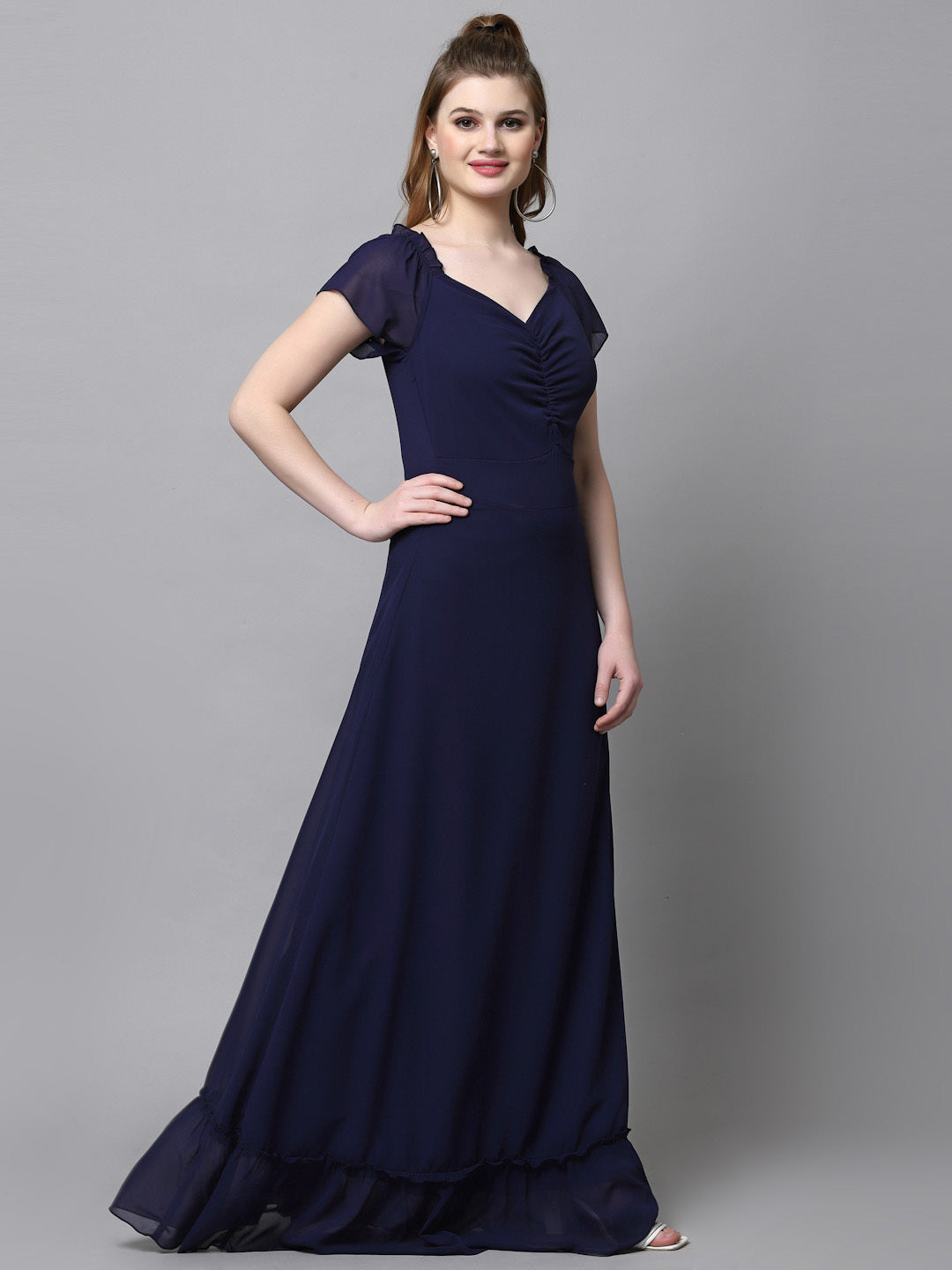 AAYU Women Georgette Solid Blue Maxi Dress