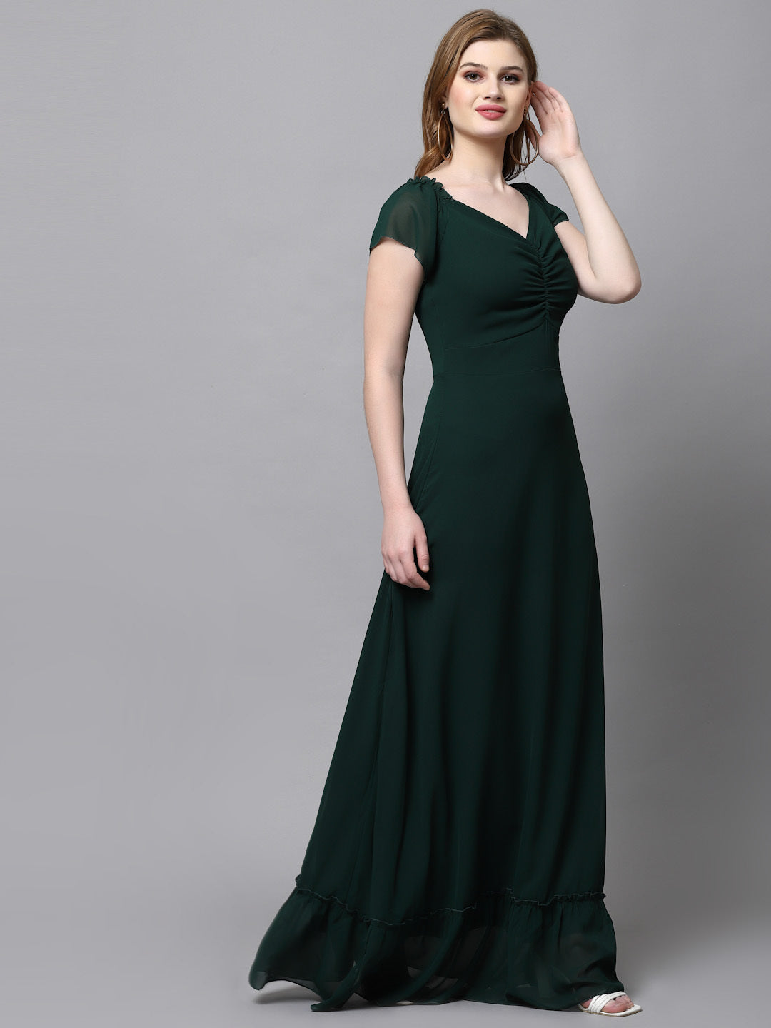 AAYU Women Georgette Solid Green Maxi Dress
