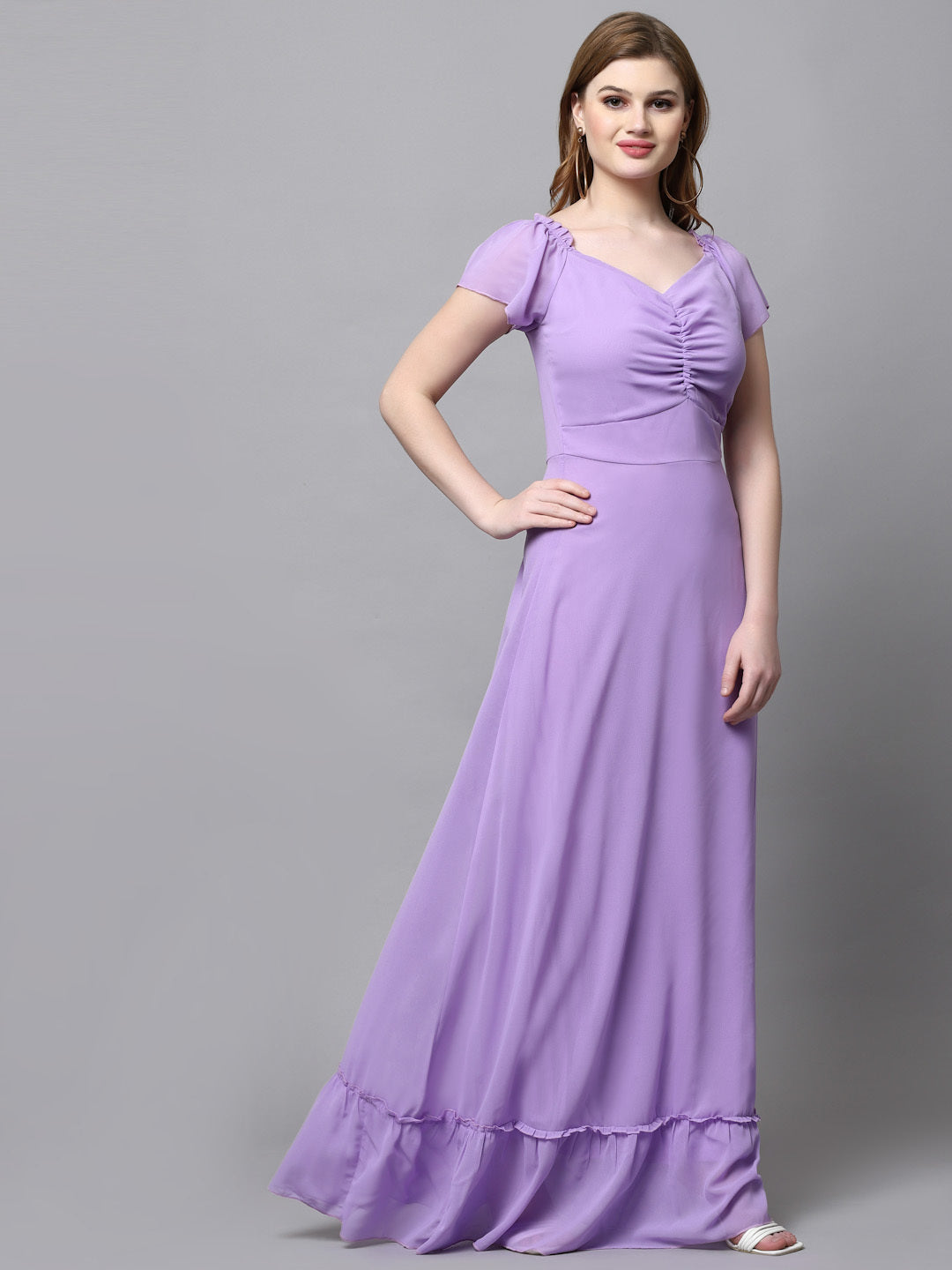 AAYU Women Georgette Solid Purple Maxi Dress
