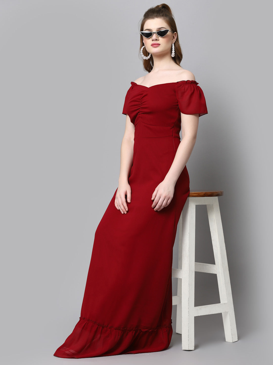 AAYU Women Georgette Solid Red Maxi Dress