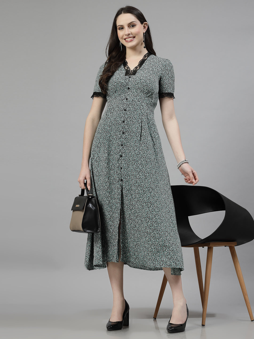 AAYU Women A-Line Black & Green Dress