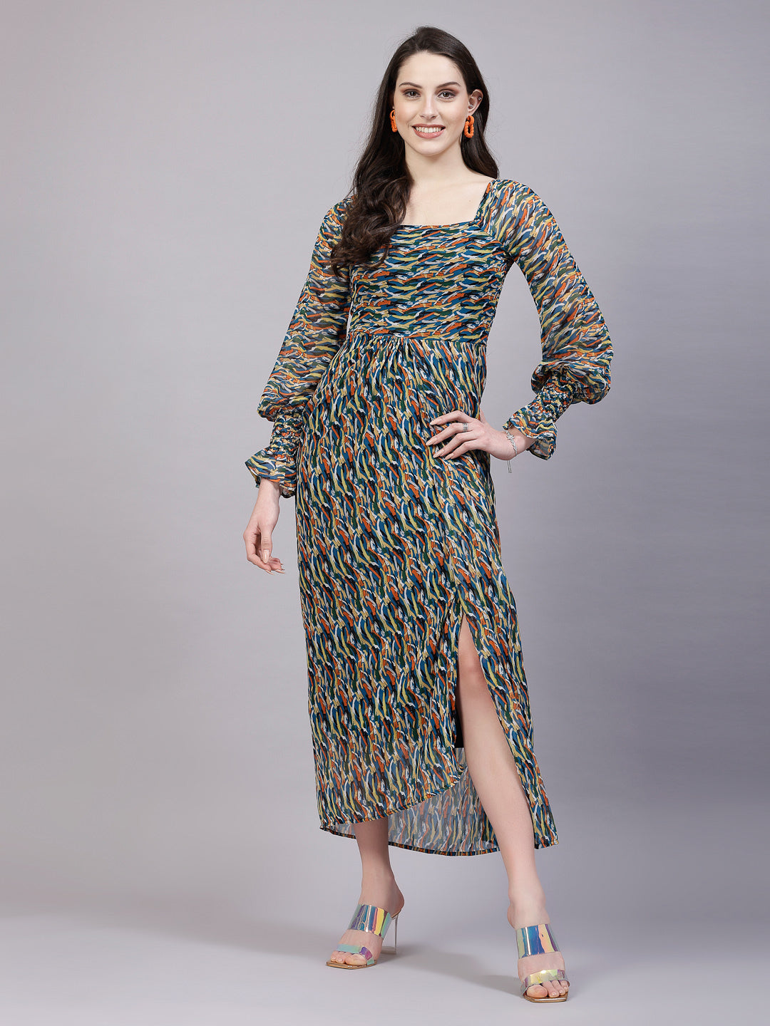 AAYU Women Georgette Printed Multicolor Maxi Dress