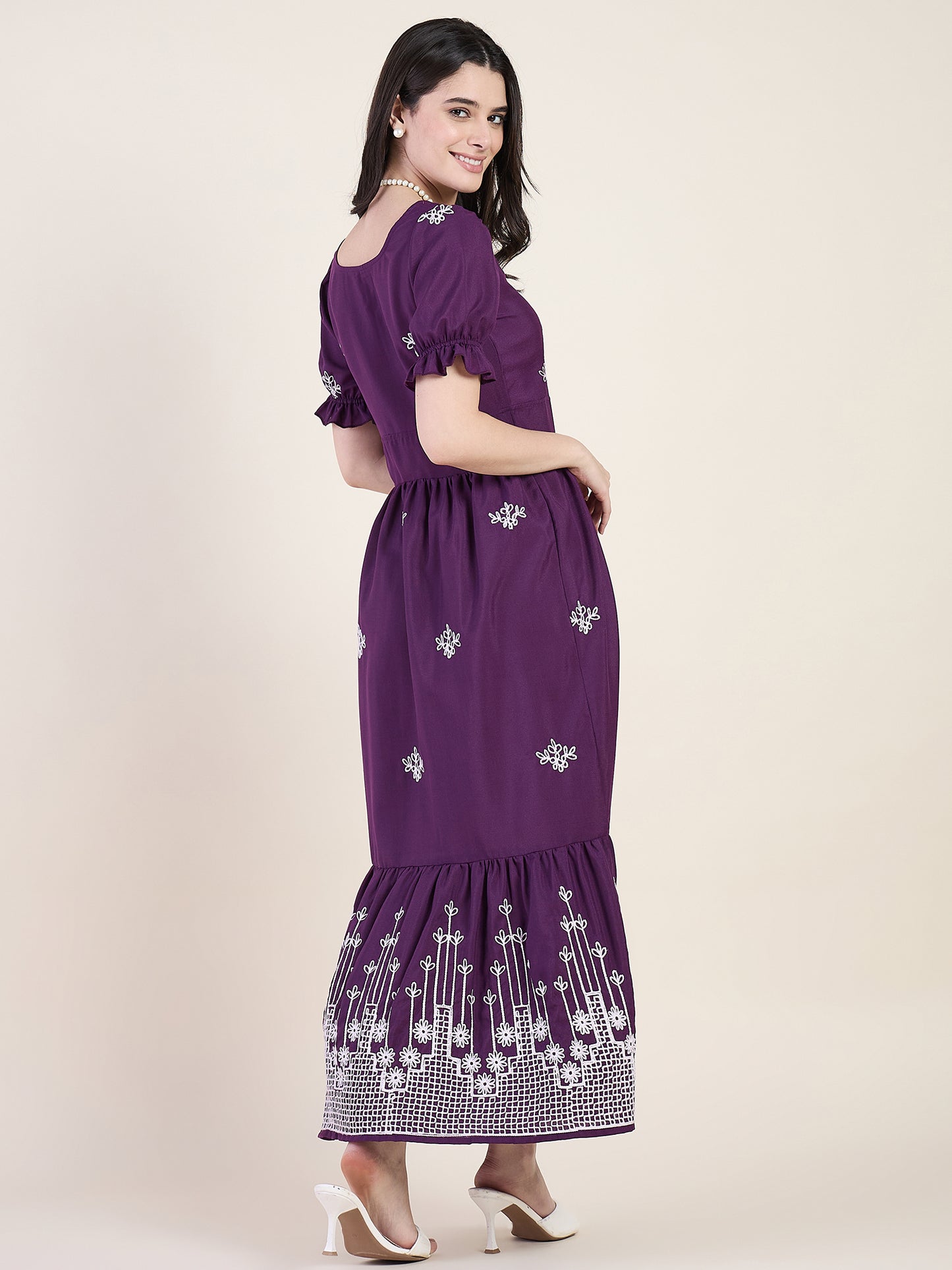 Embroidered maxi dress in wine colour