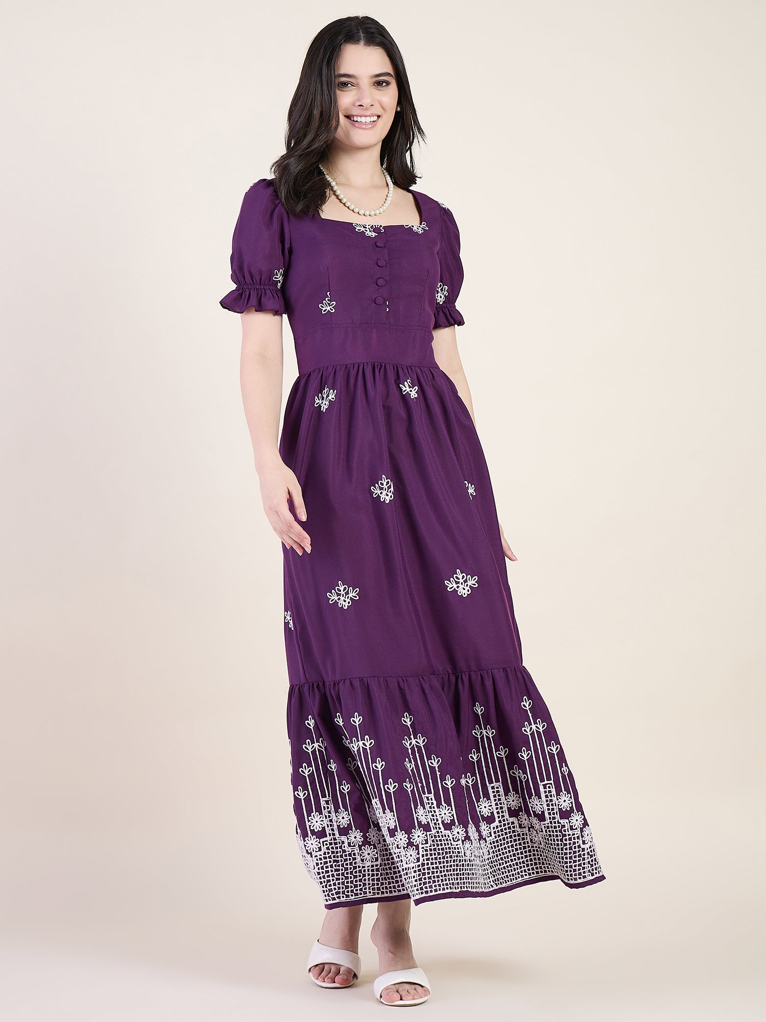 Embroidered maxi dress in wine colour