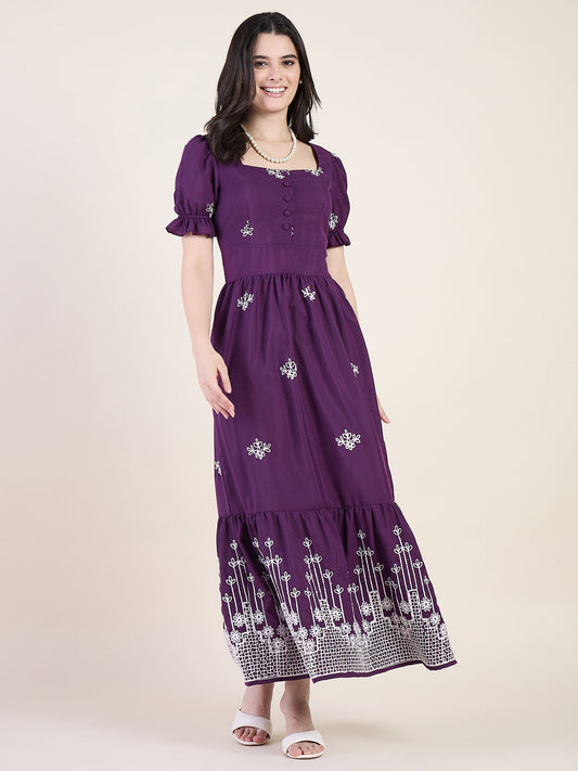Embroidered maxi dress in wine colour