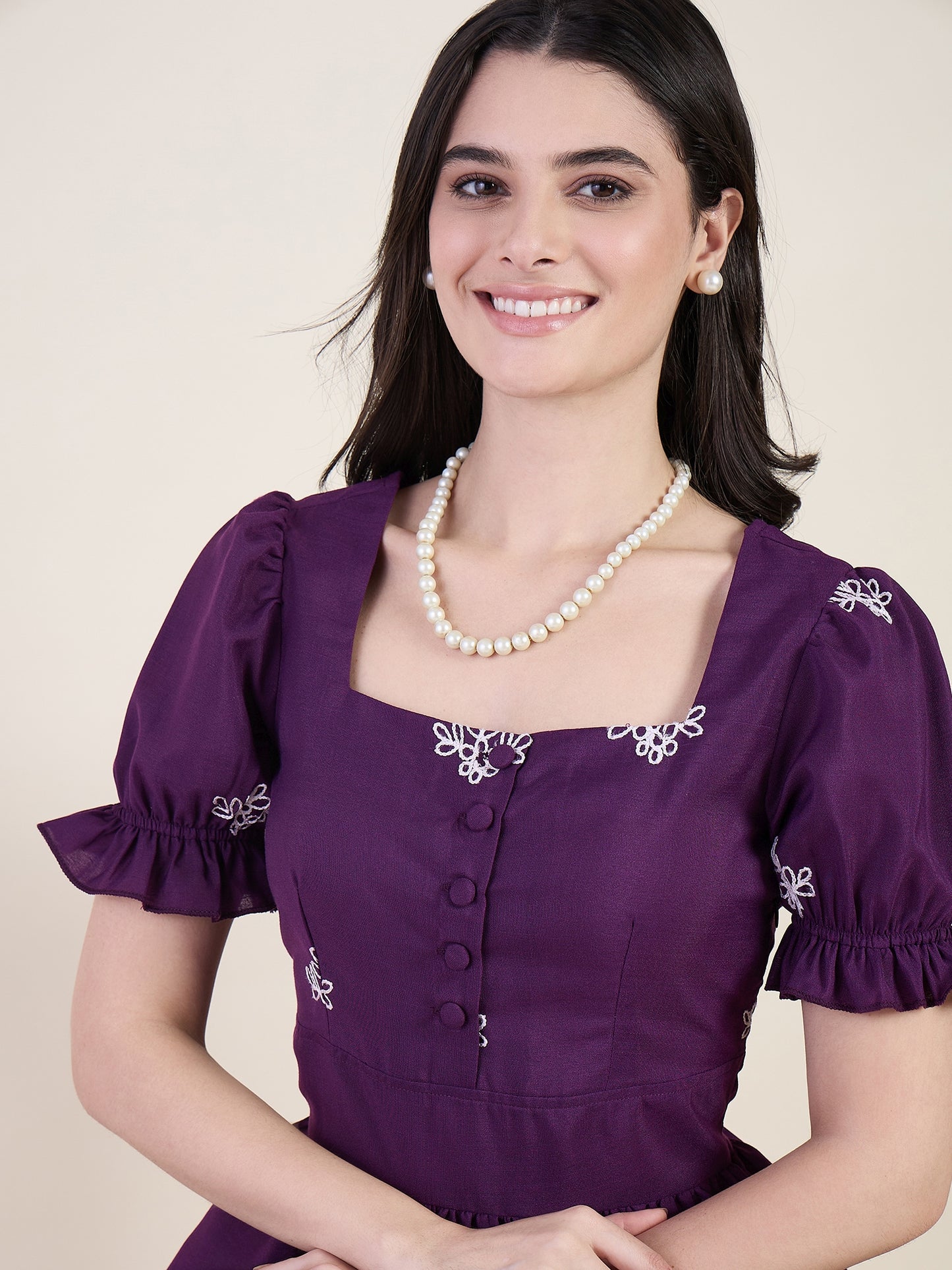 Embroidered maxi dress in wine colour