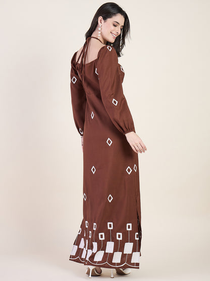 Geometric print maxi dress in brown colour
