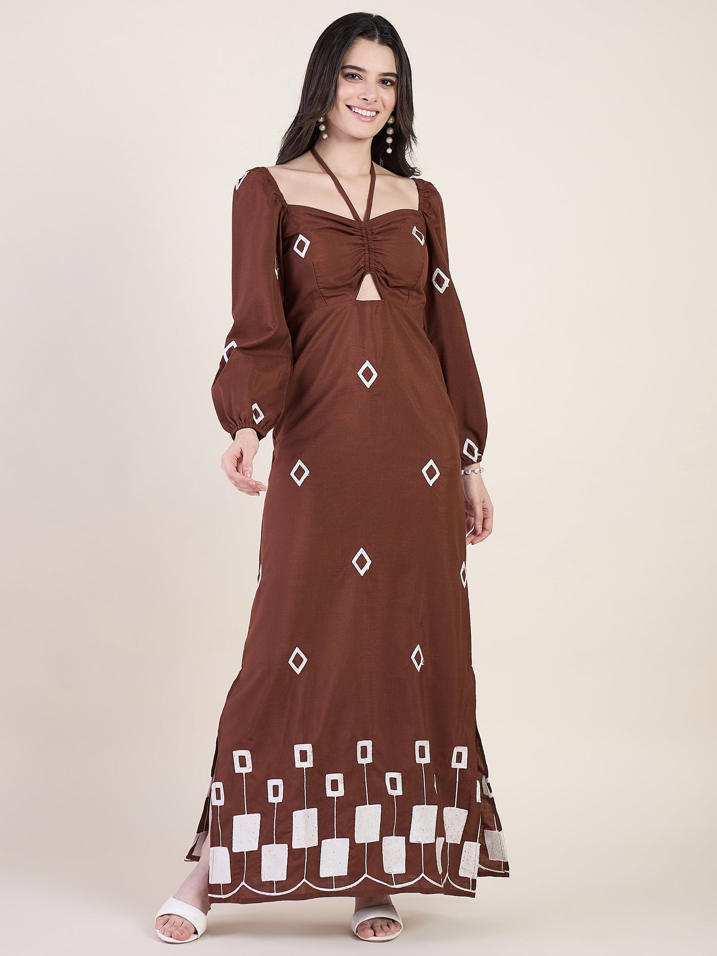 Geometric print maxi dress in brown colour