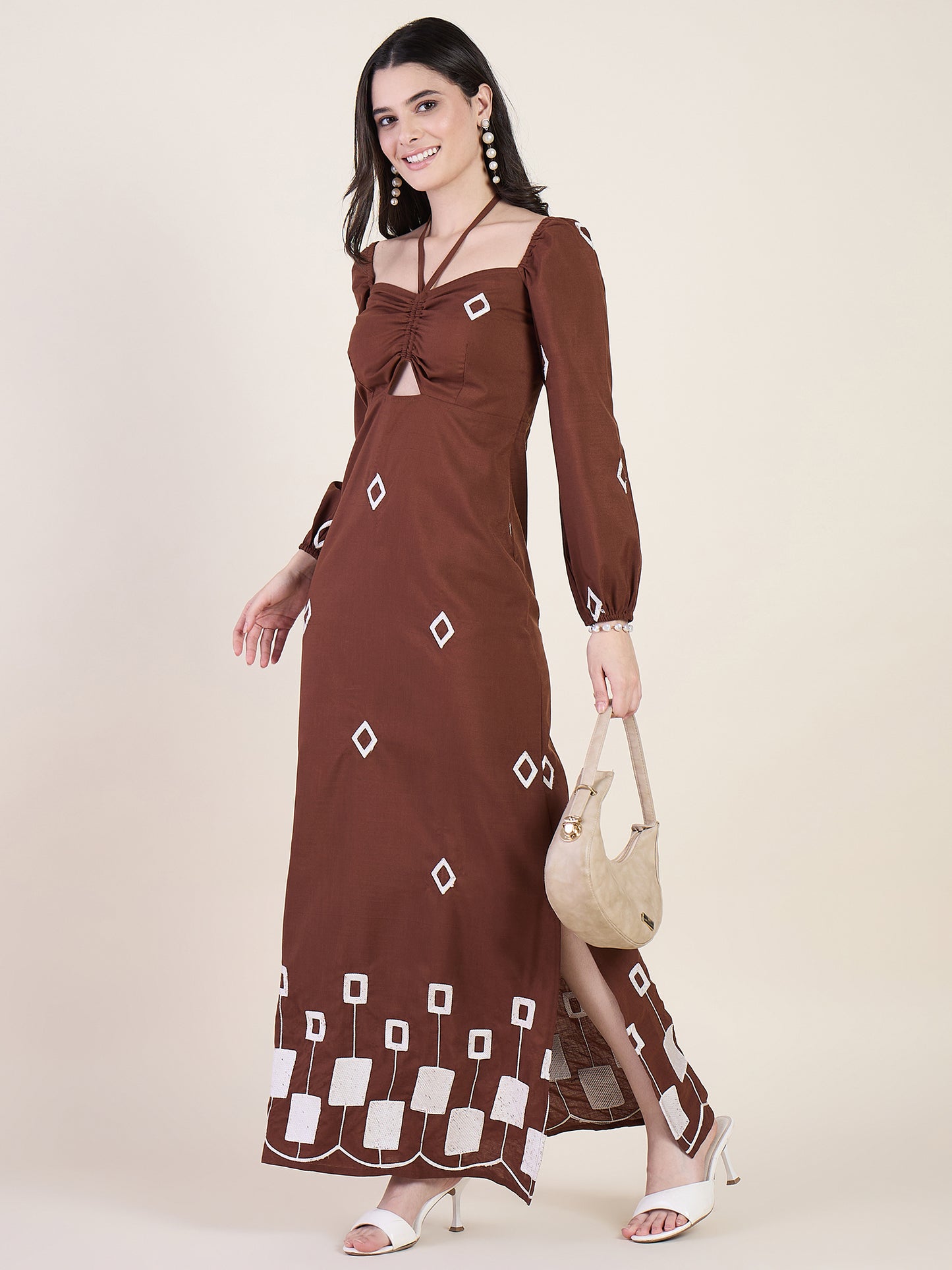 Geometric print maxi dress in brown colour