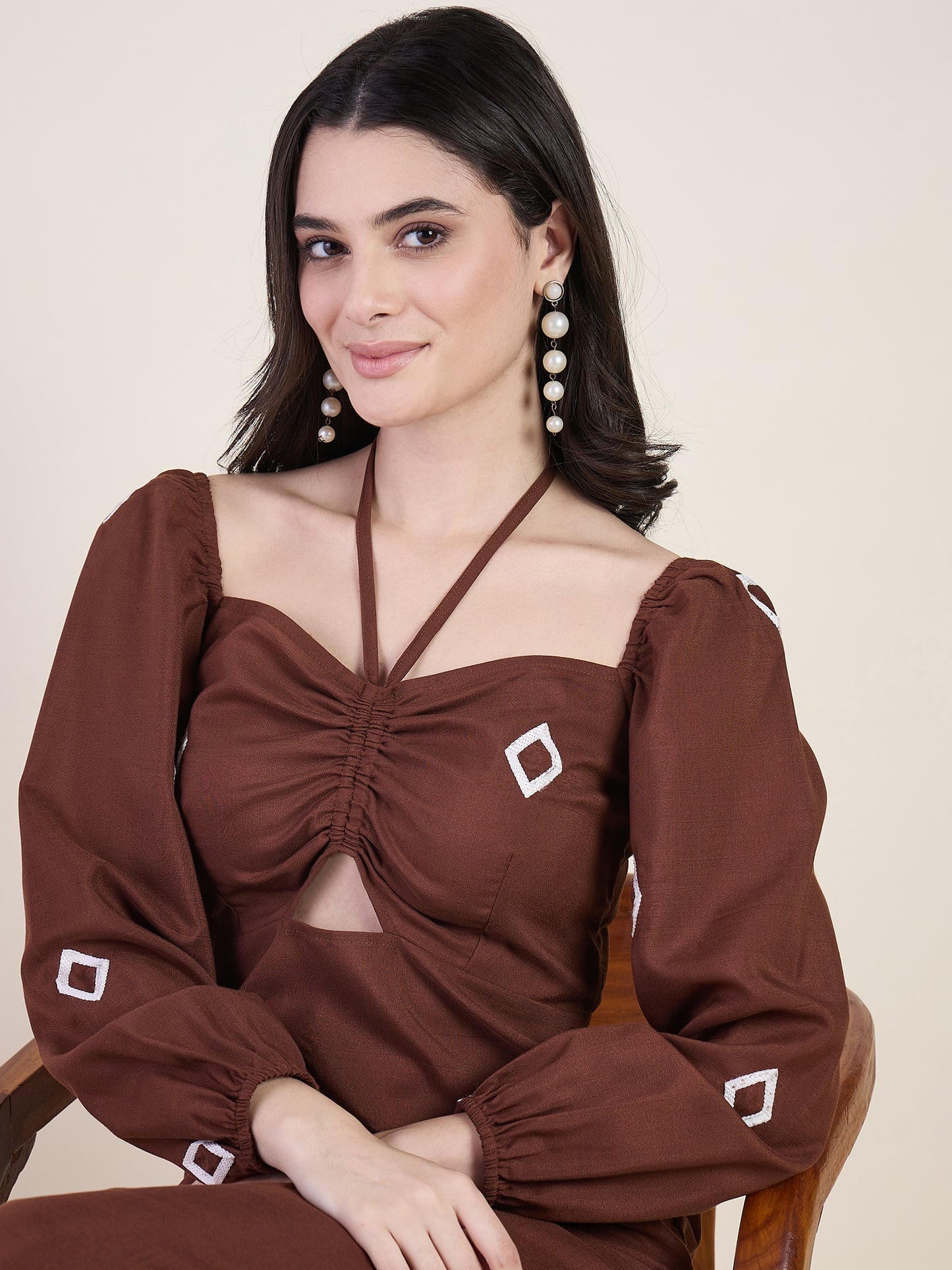 Geometric print maxi dress in brown colour