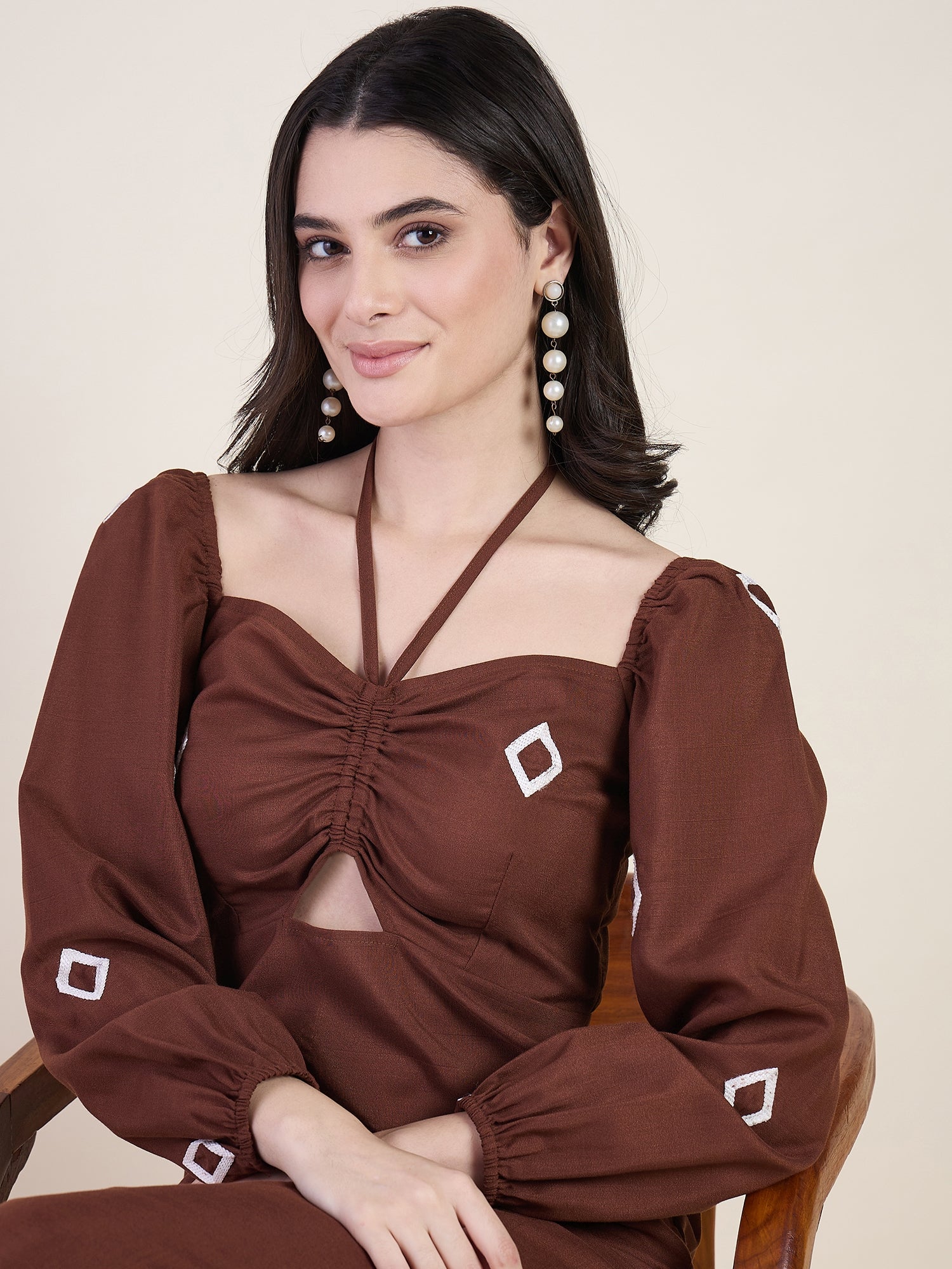 Geometric print maxi dress in brown colour