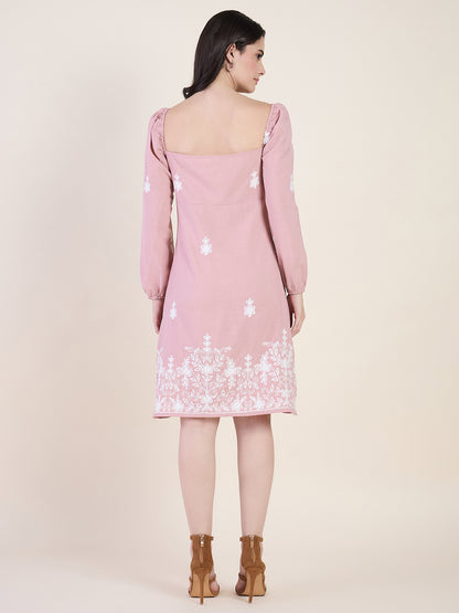 Embroidered A-line dress in pink colour