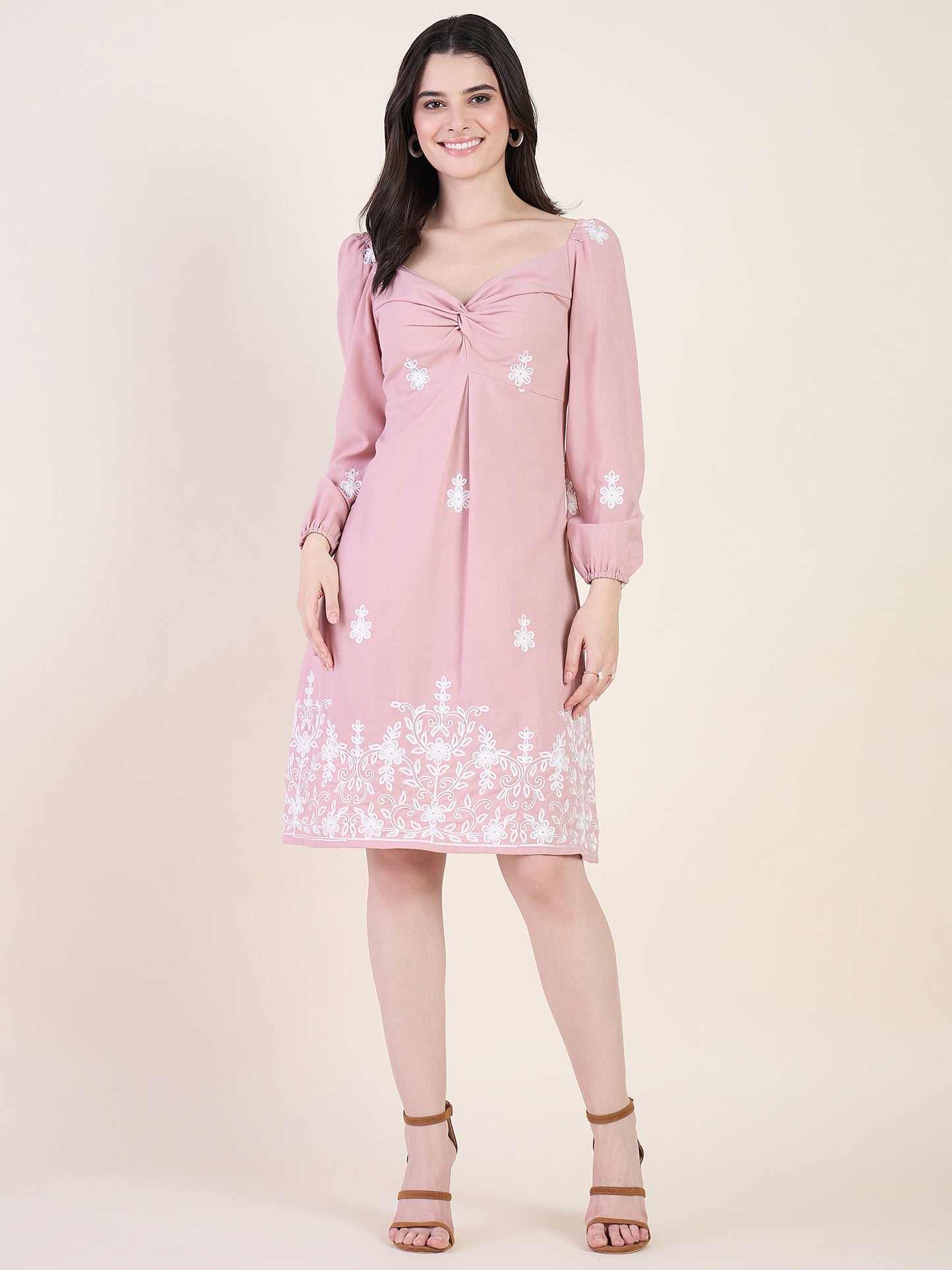 Embroidered A-line dress in pink colour