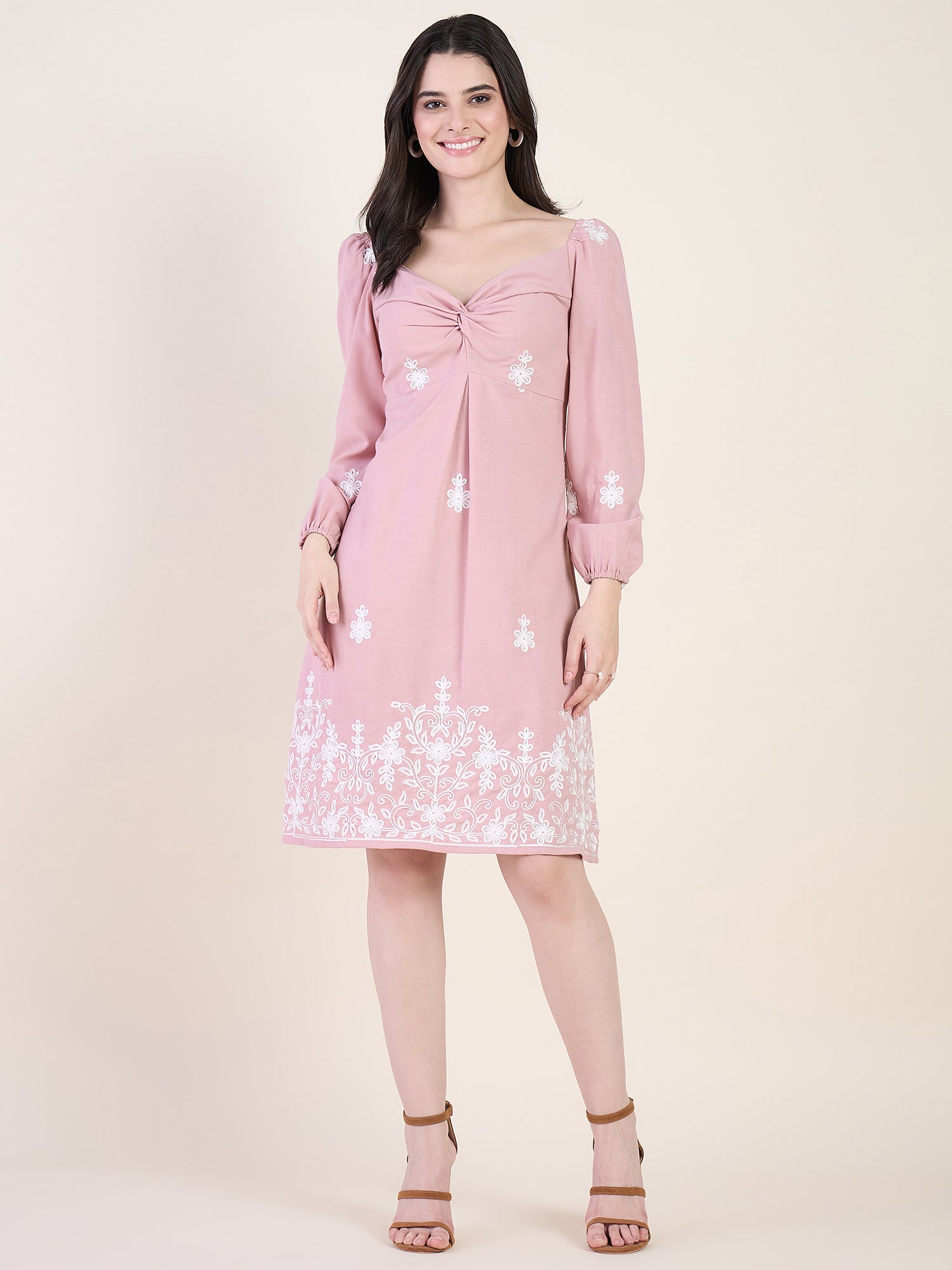 Embroidered A-line dress in pink colour