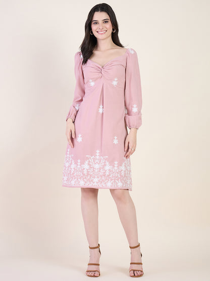 Embroidered A-line dress in pink colour