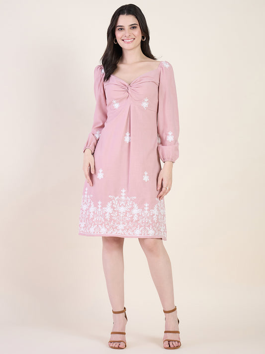 Embroidered A-line dress in pink colour