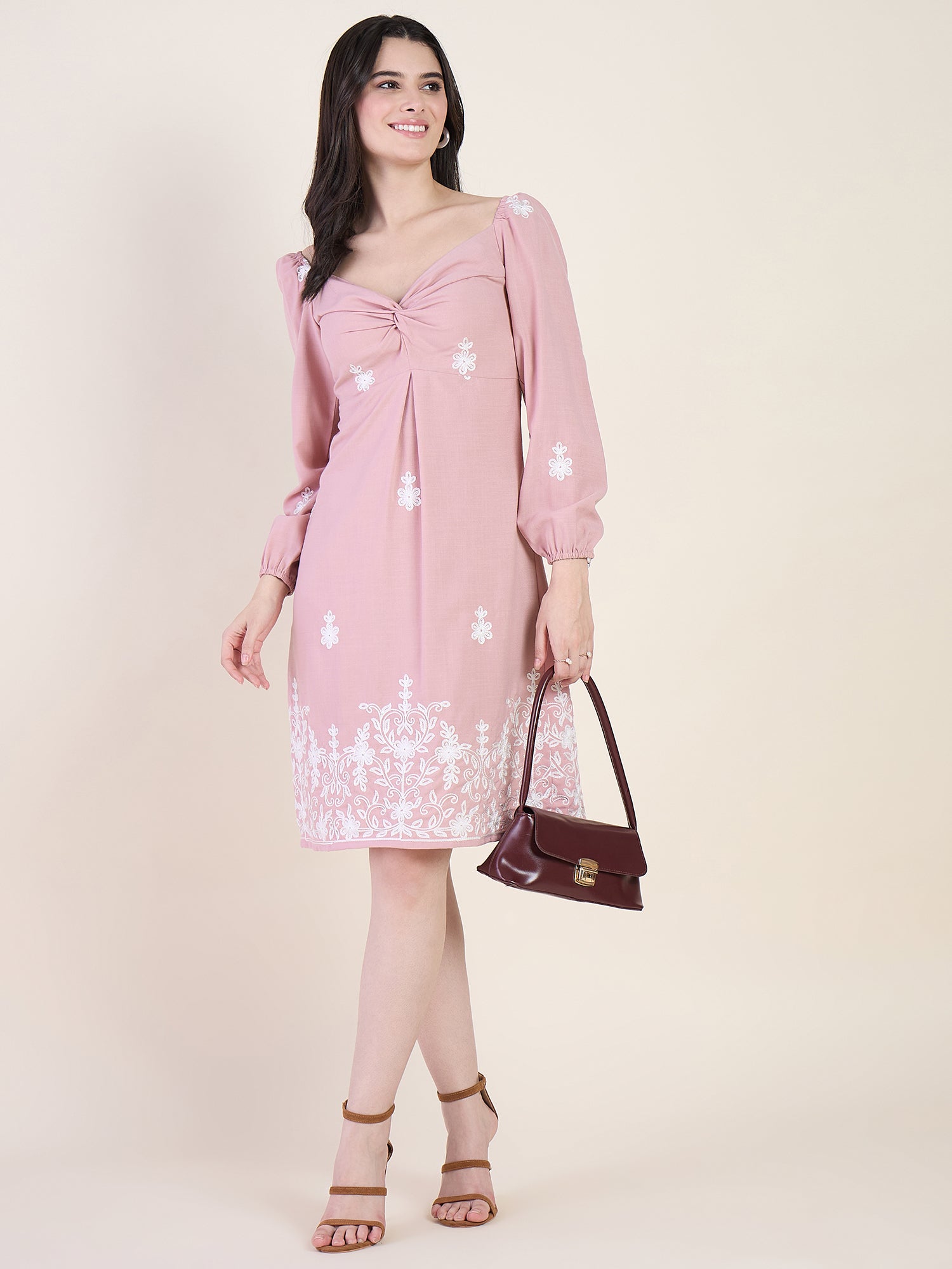 Embroidered A-line dress in pink colour