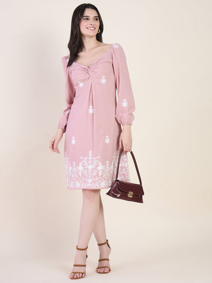 Embroidered A-line dress in pink colour