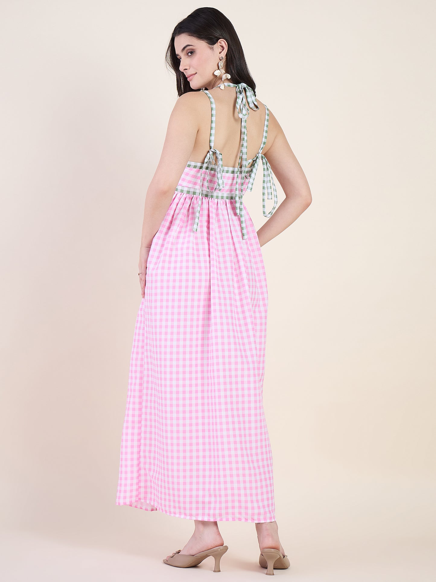 Empire waist gathered maxi dress in pink colour