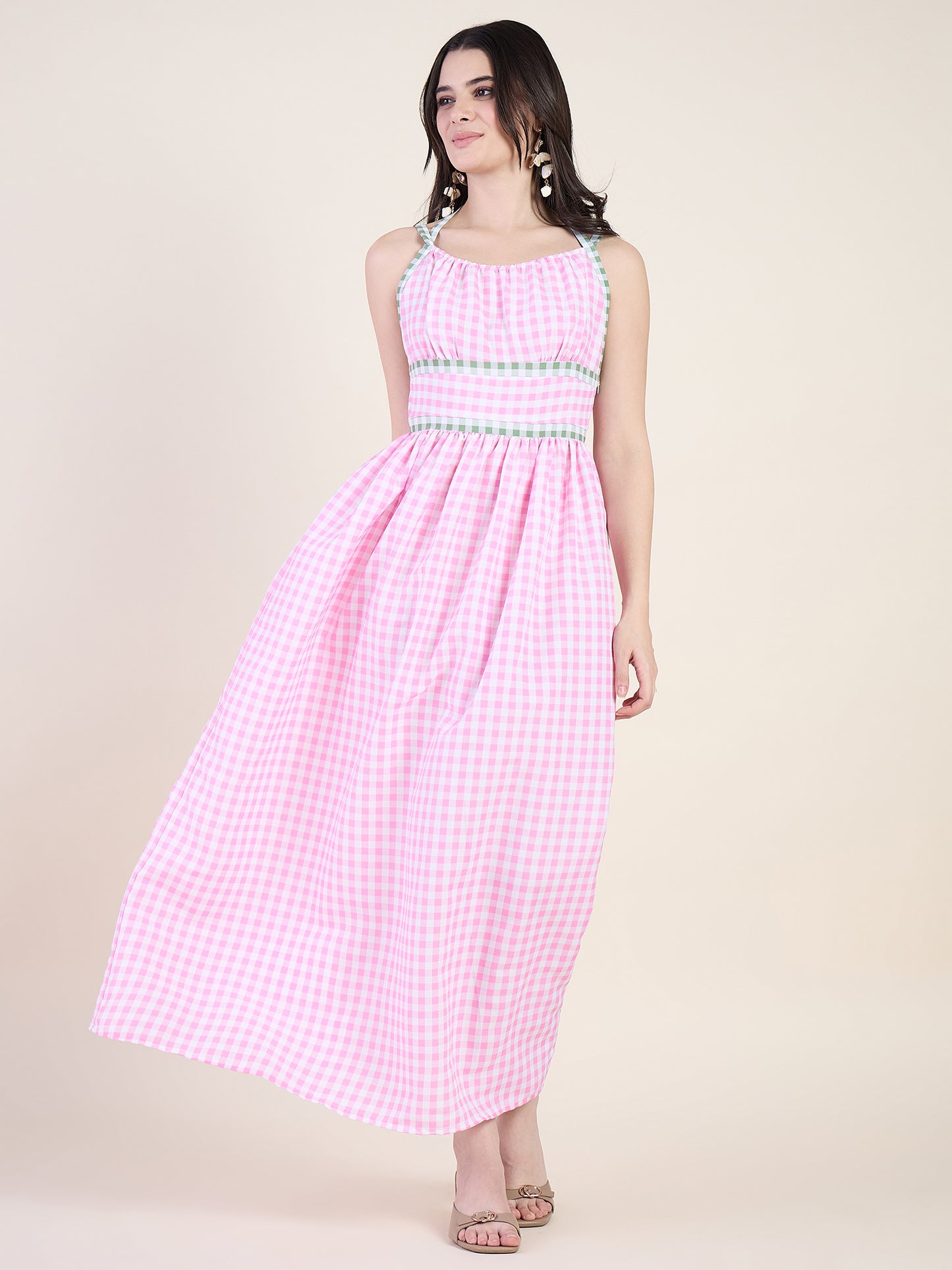 Empire waist gathered maxi dress in pink colour