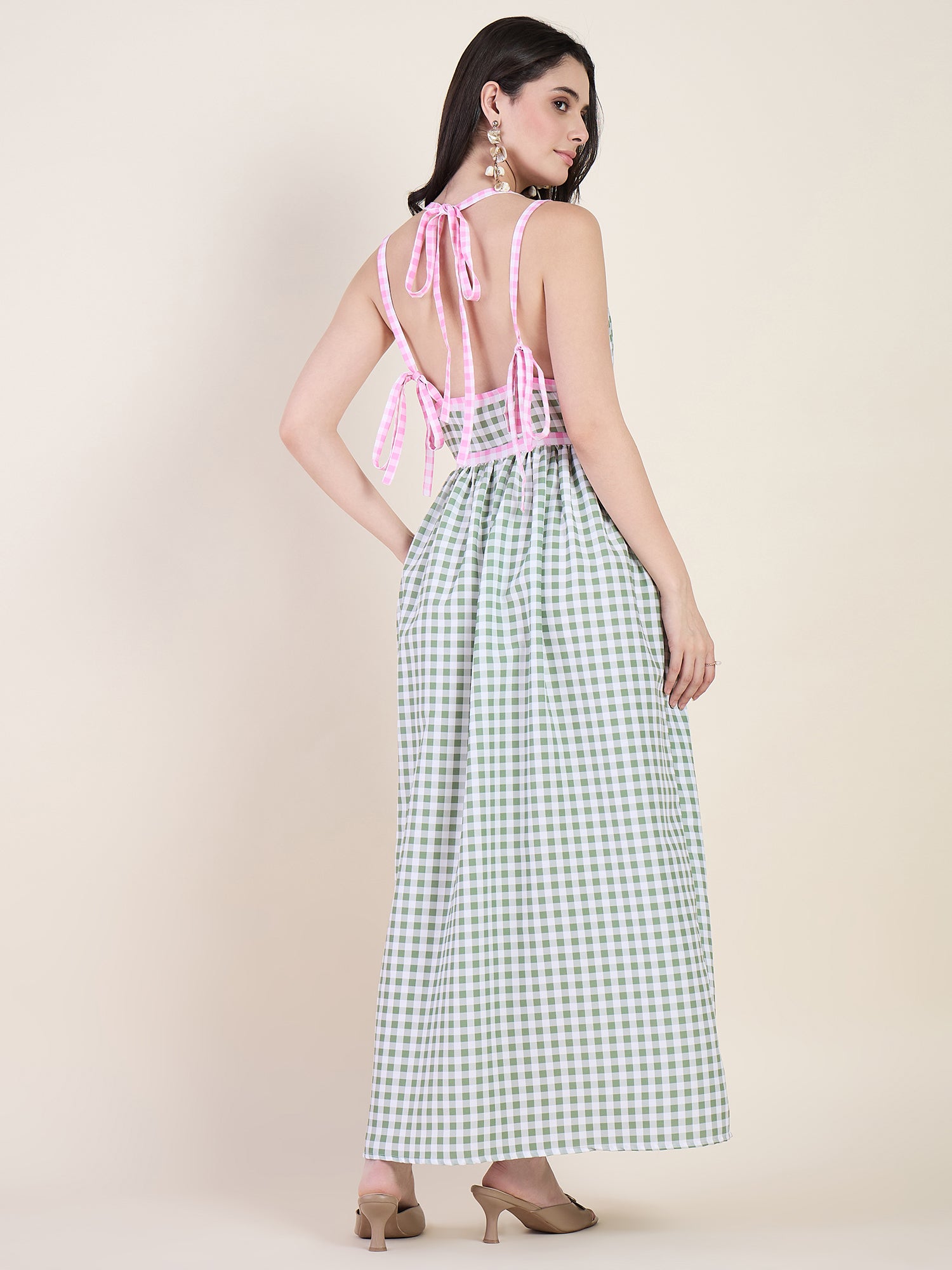 Empire waist gathered maxi dress in green colour