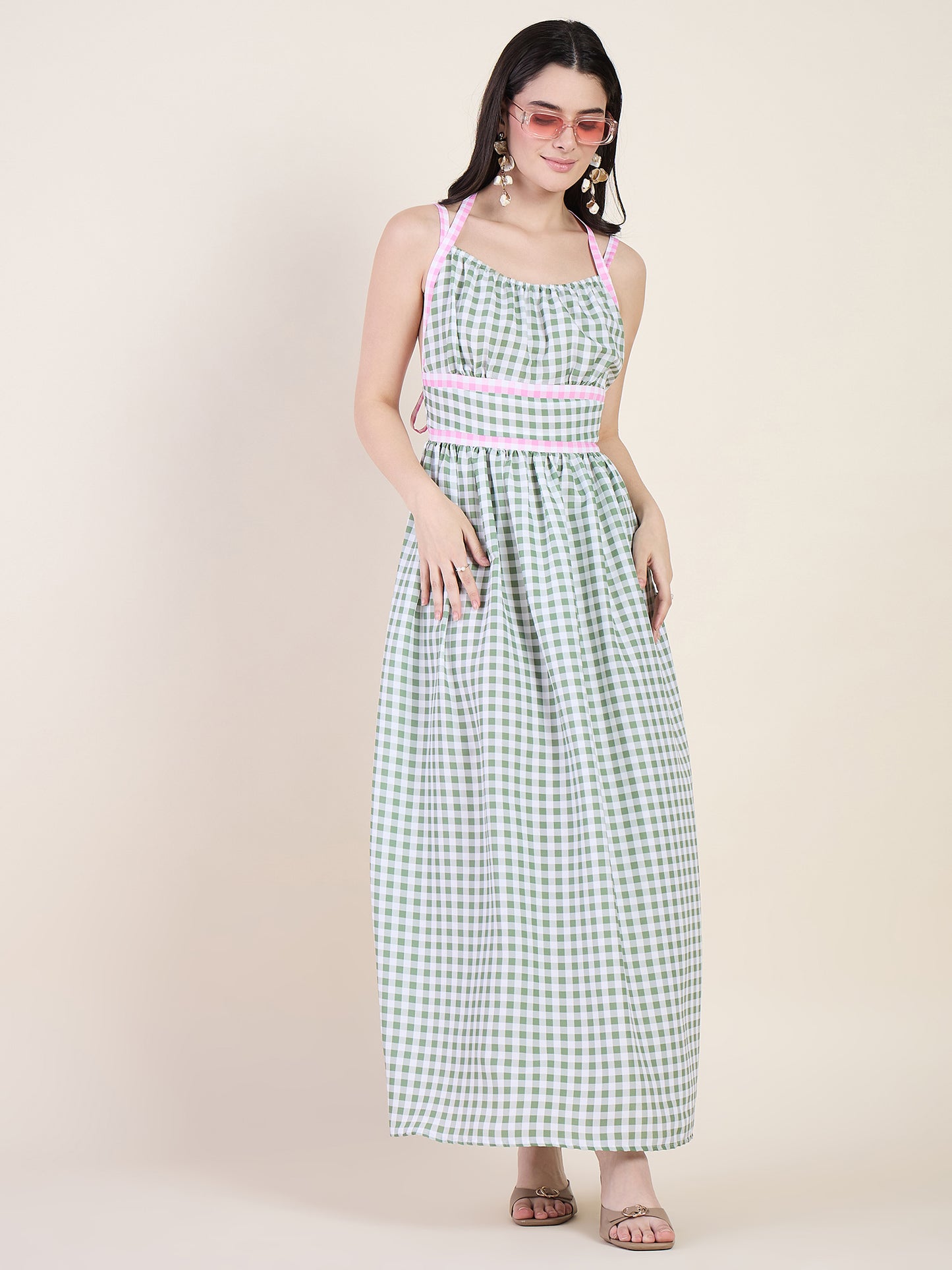 Empire waist gathered maxi dress in green colour