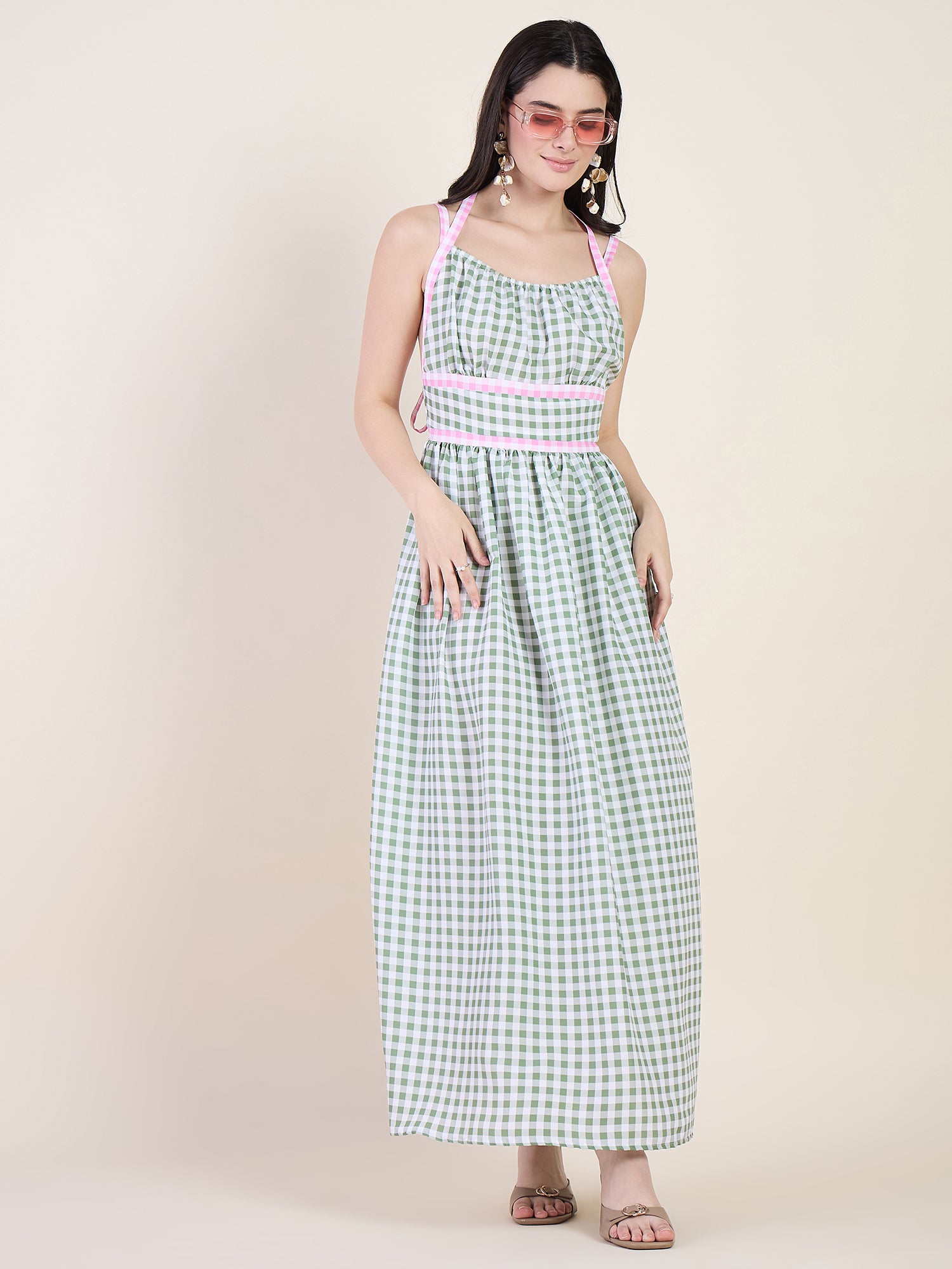 Empire waist gathered maxi dress in green colour