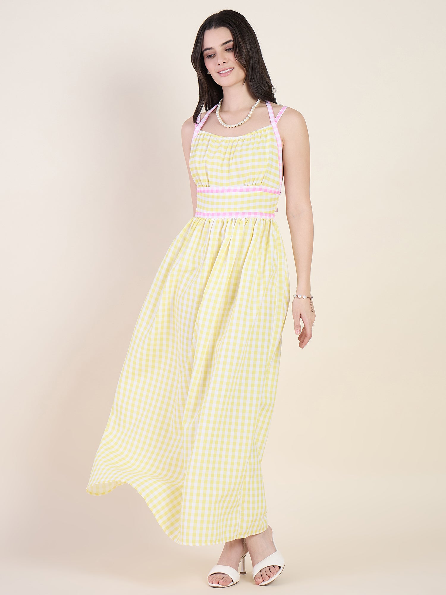 Empire waist gathered maxi dress in yellow colour