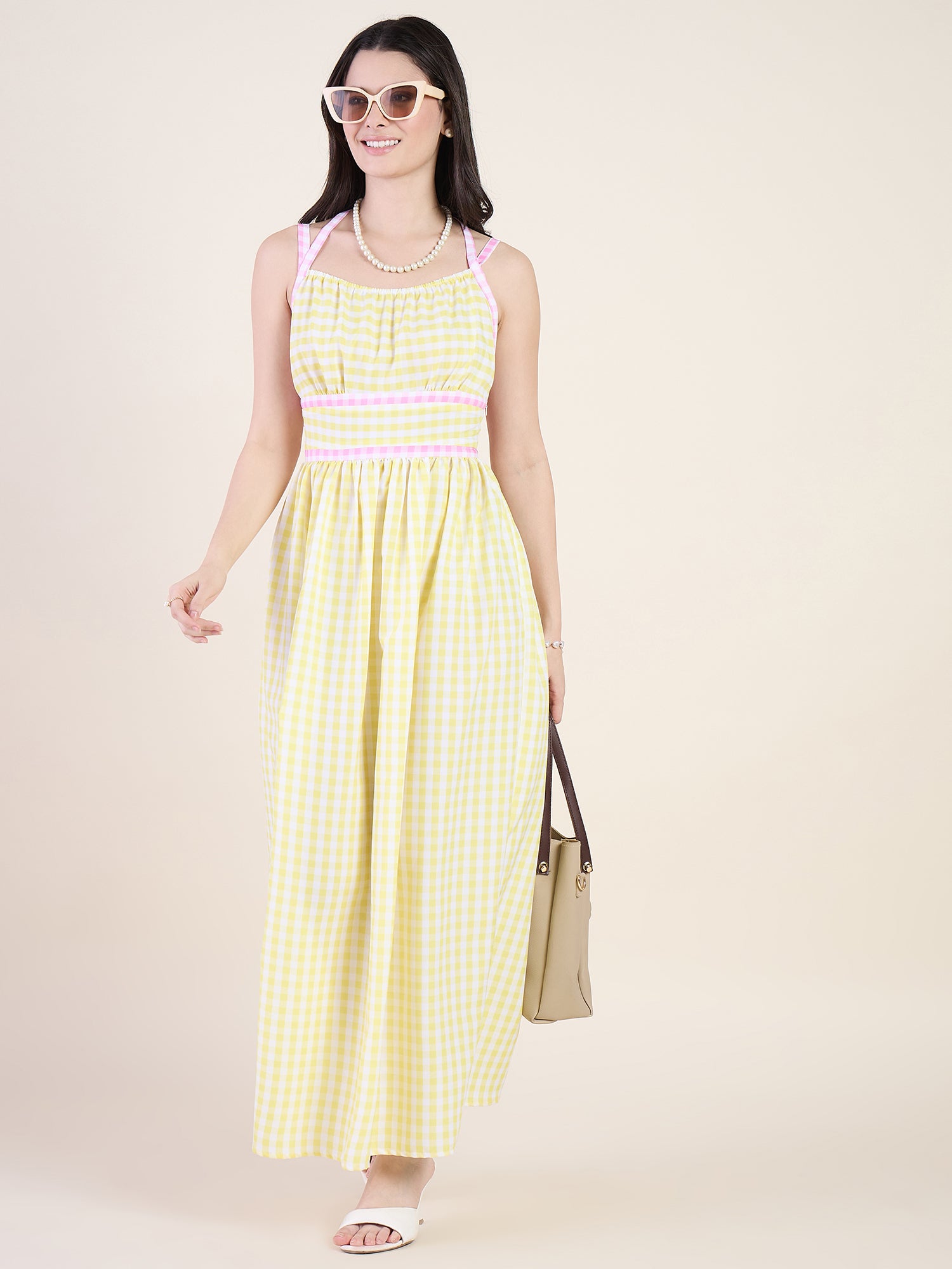 Empire waist gathered maxi dress in yellow colour