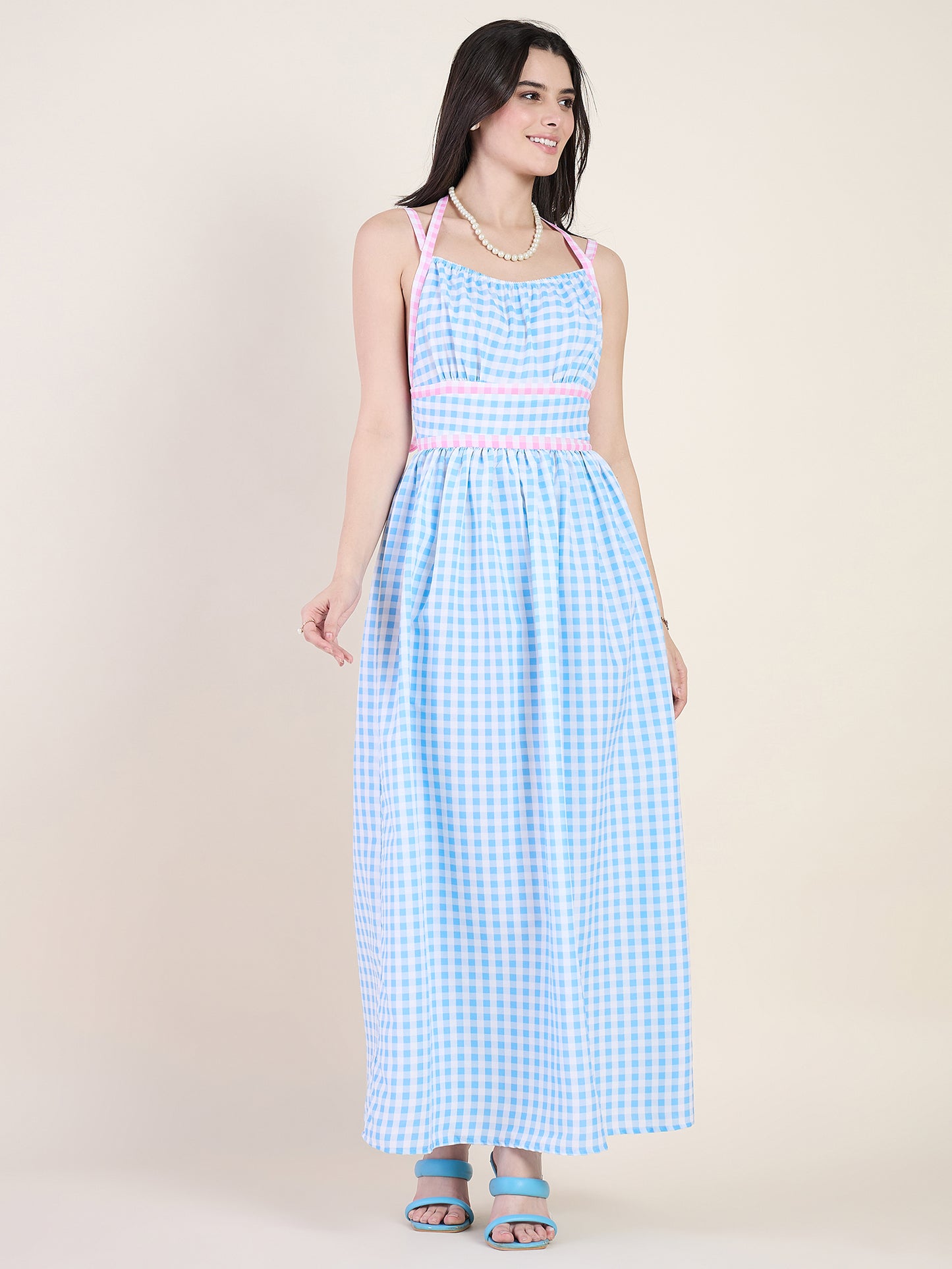 Empire waist gathered maxi dress in blue colour