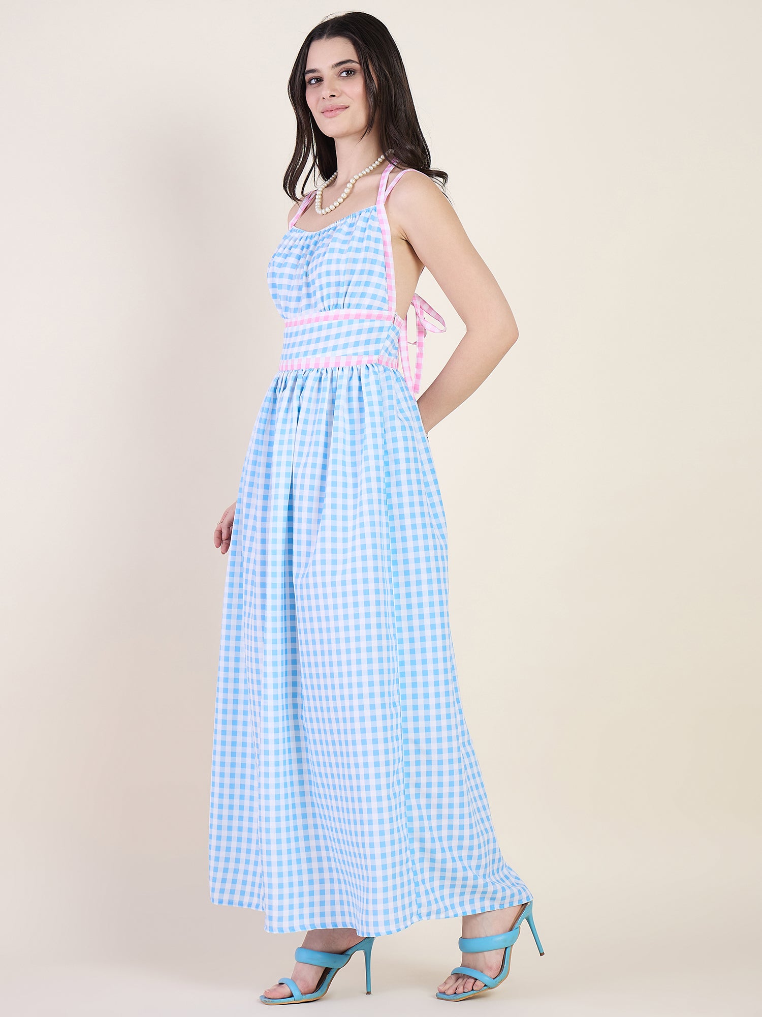 Empire waist gathered maxi dress in blue colour