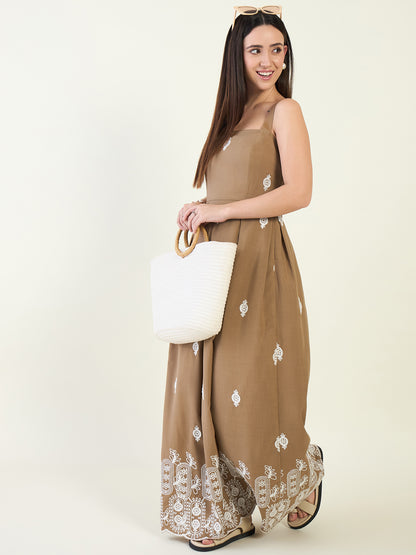 Brown maxi dress with pleated details