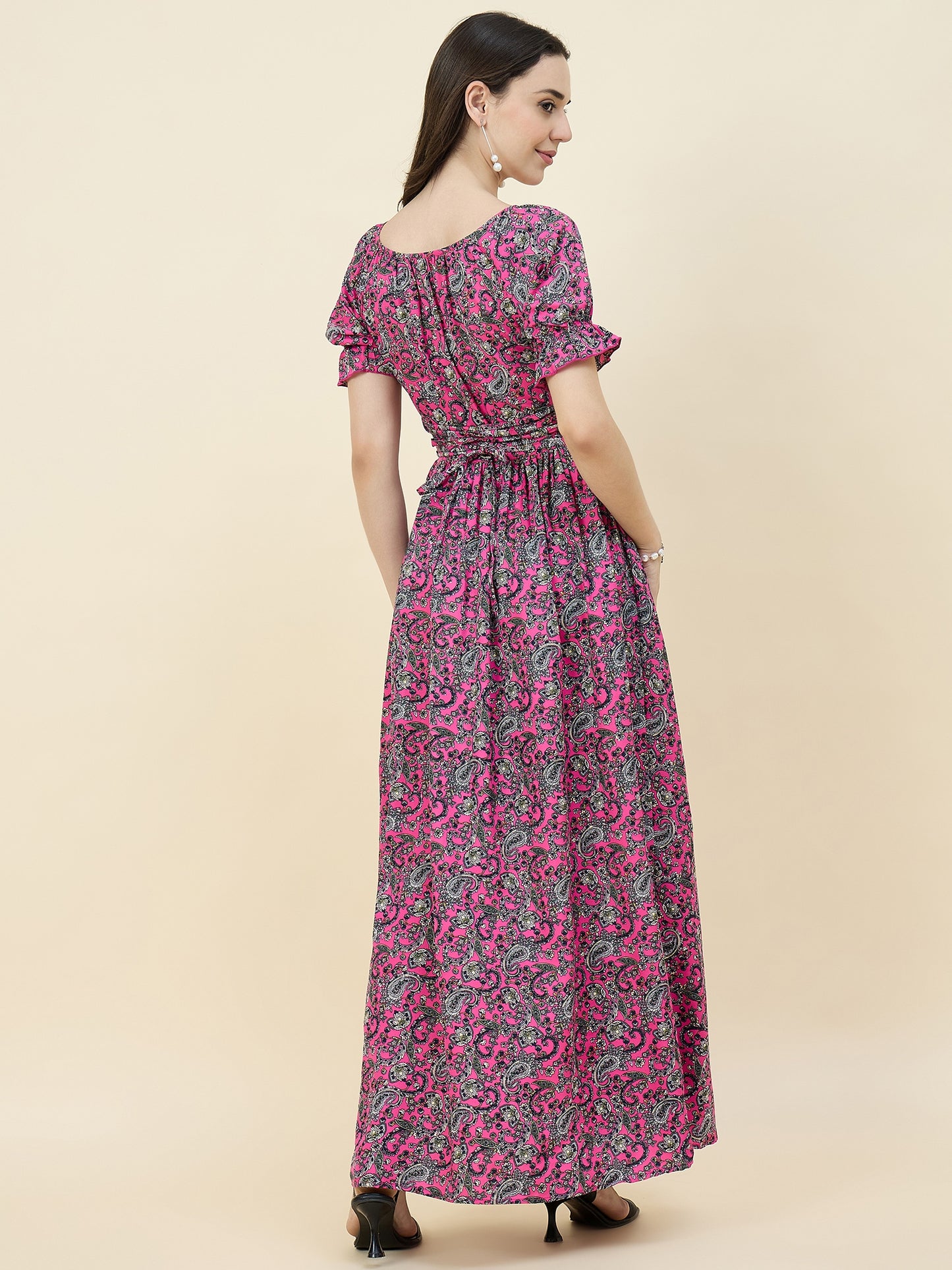 Green Paisley Printed Maxi Dress with Tie-Ups