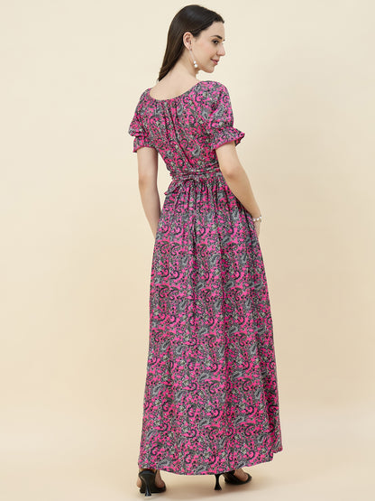 Green Paisley Printed Maxi Dress with Tie-Ups