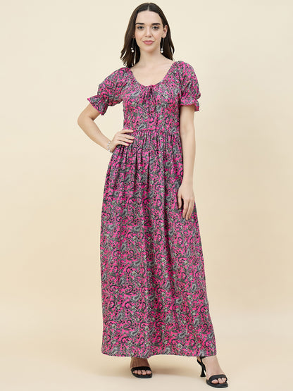 Green Paisley Printed Maxi Dress with Tie-Ups