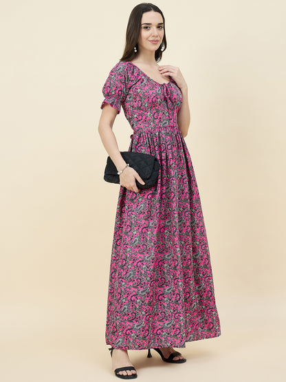 Green Paisley Printed Maxi Dress with Tie-Ups