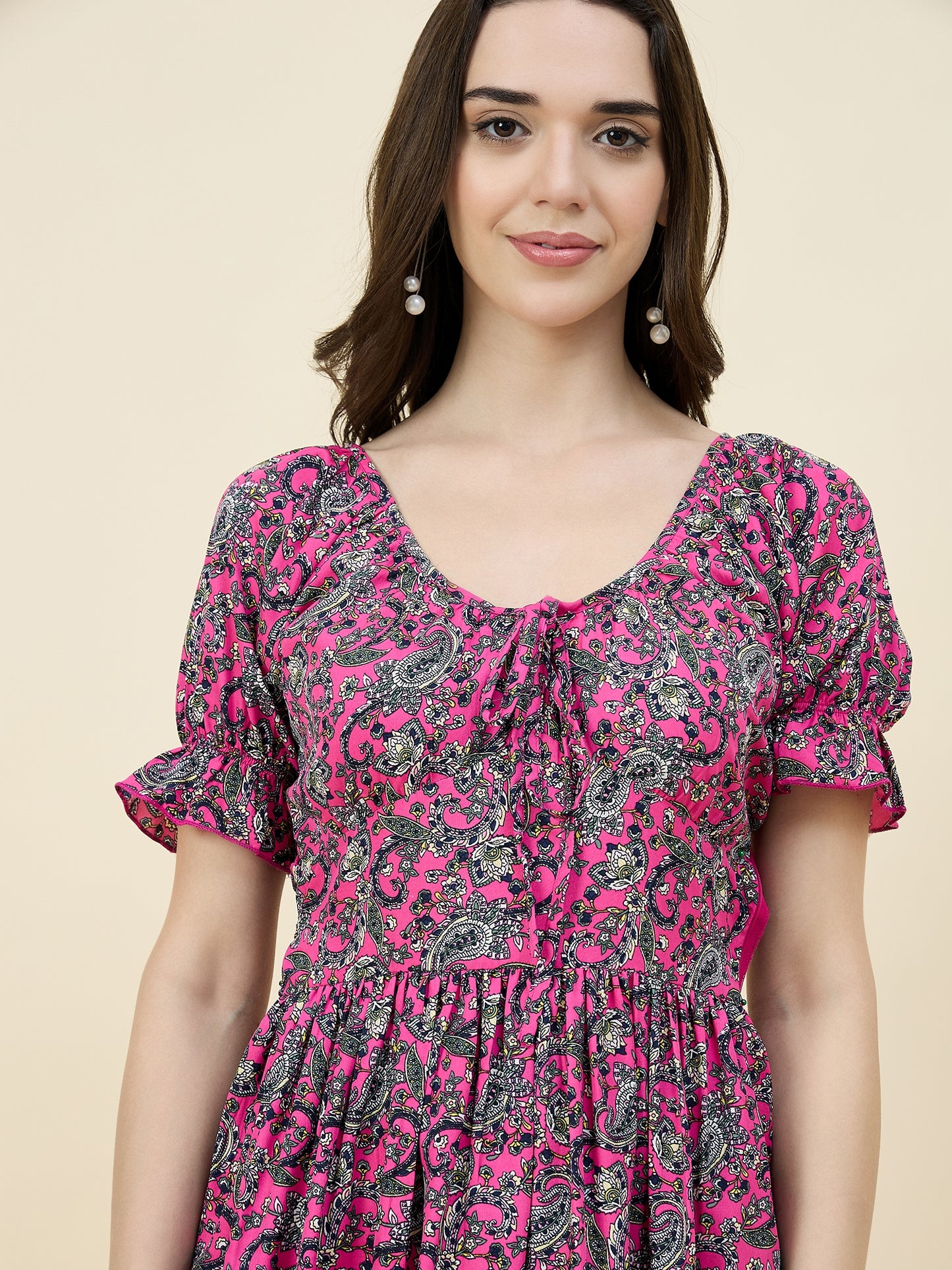 Green Paisley Printed Maxi Dress with Tie-Ups