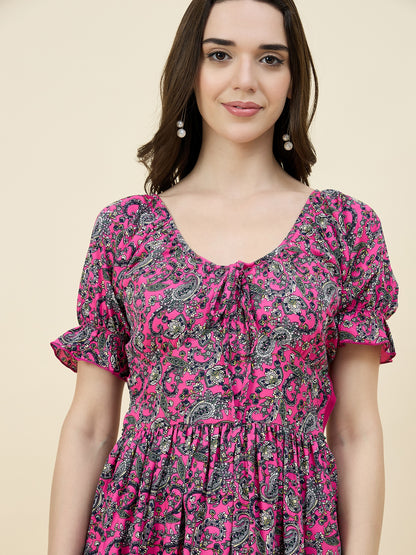 Green Paisley Printed Maxi Dress with Tie-Ups