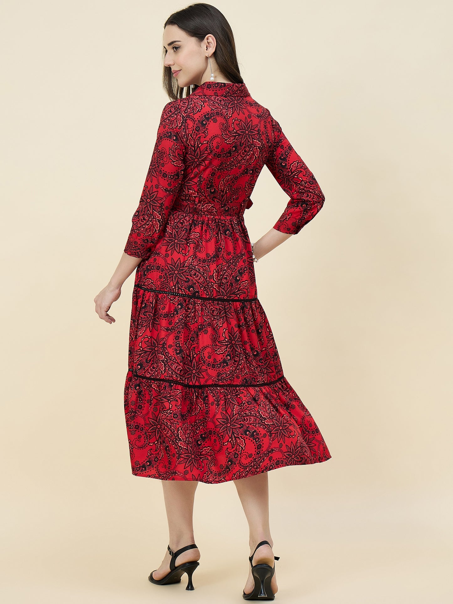 Blue Paisley Printed Layered Midi Dress with Belt