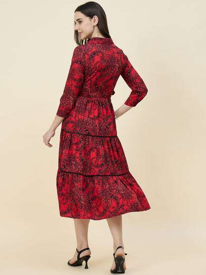 Blue Paisley Printed Layered Midi Dress with Belt