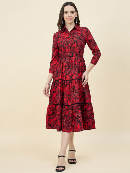 Blue Paisley Printed Layered Midi Dress with Belt