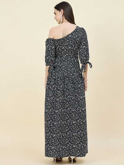 Black Floral One-Shoulder Printed Maxi Dress