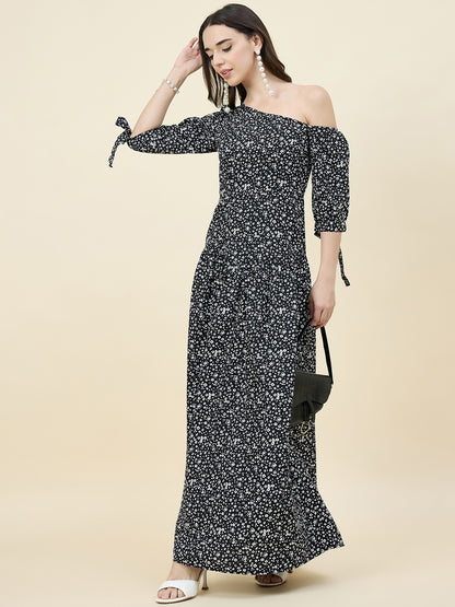 Black Floral One-Shoulder Printed Maxi Dress