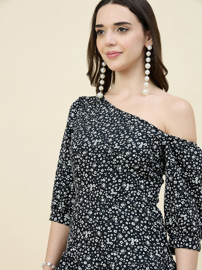 Black Floral One-Shoulder Printed Maxi Dress