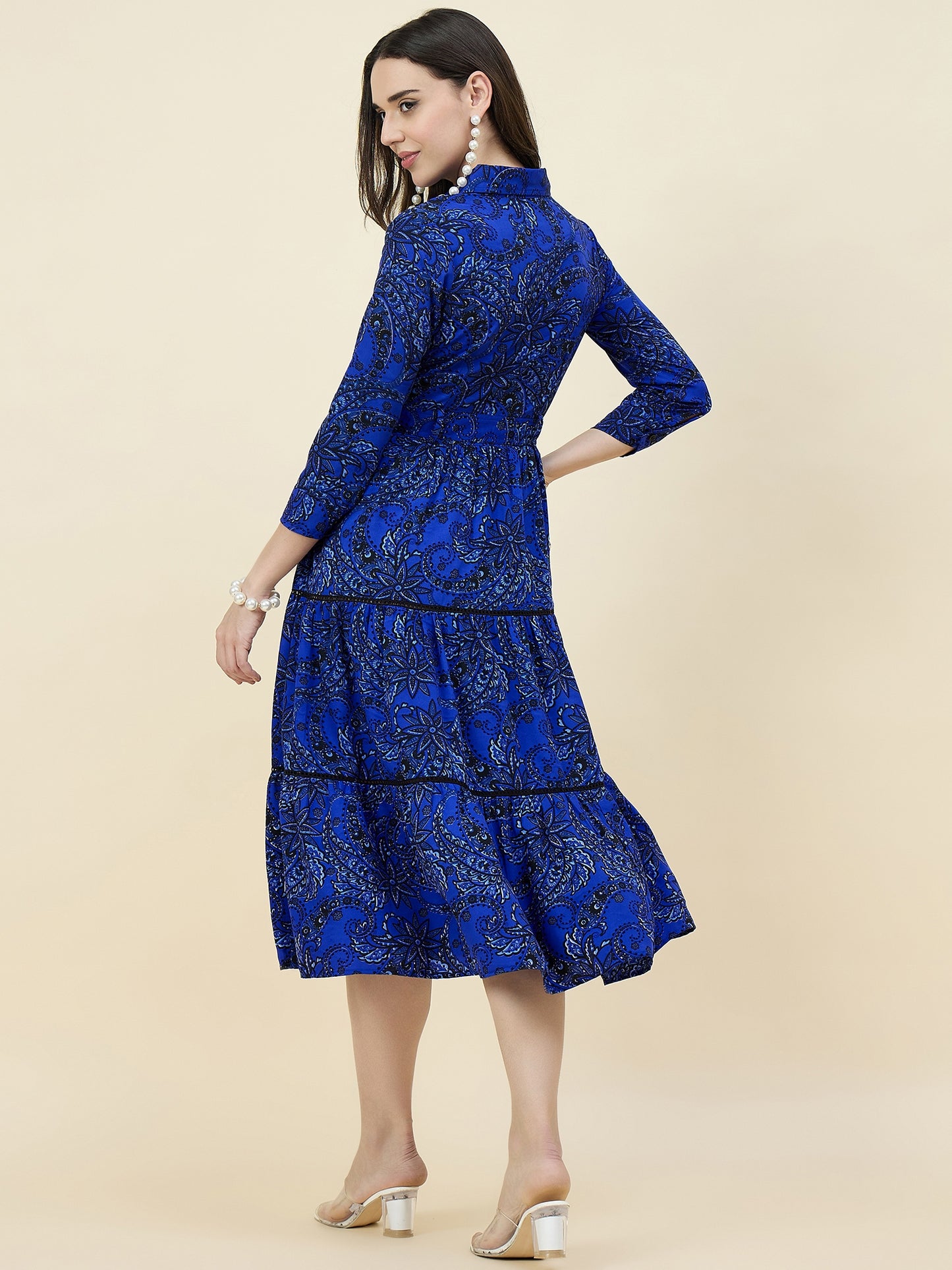 Blue Paisley Printed Layered Midi Dress with Belt