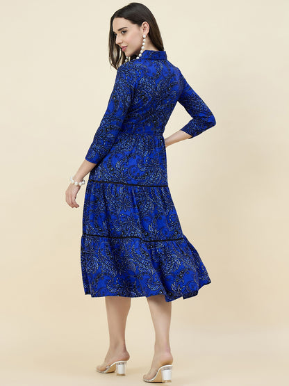 Blue Paisley Printed Layered Midi Dress with Belt