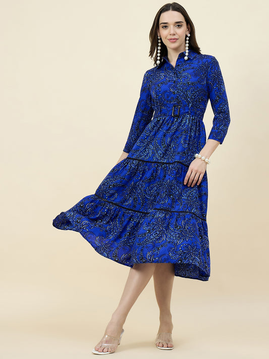Blue Paisley Printed Layered Midi Dress with Belt
